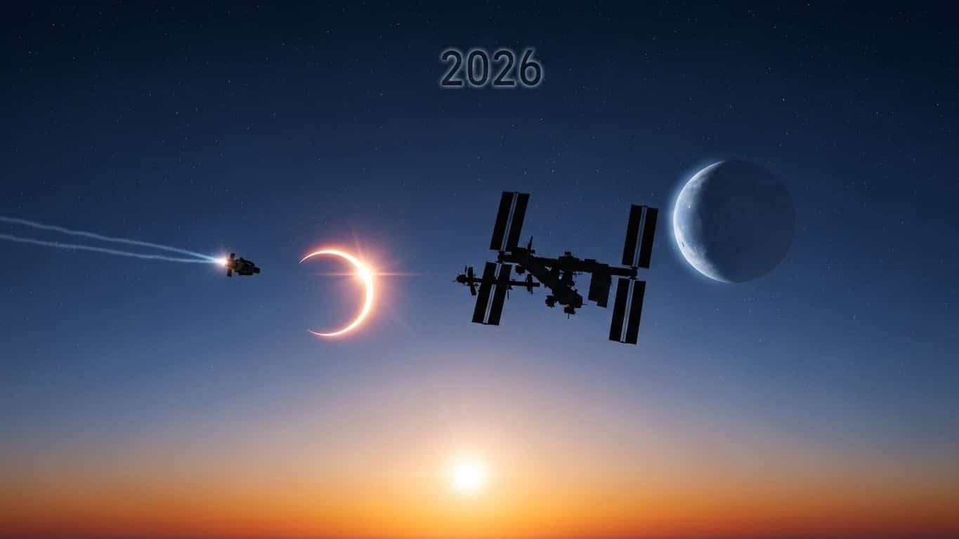 Découvrez pourquoi 2026 s'annonce comme une année exceptionnelle pour les passionnés d'espace : éclipse solaire en France, astronaute française sur l'ISS, mission lunaire Artemis... Un spectacle céleste inoubliable !