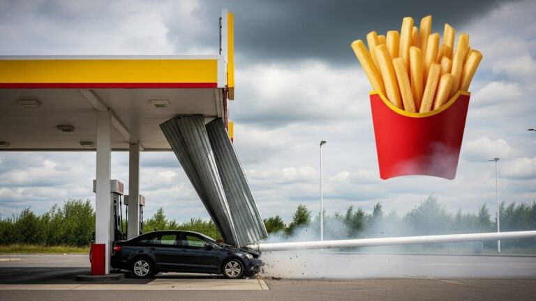 Américaine S&rsquo;Étouffe Avec Une Frite Au Volant Et Percute Une Station-Service