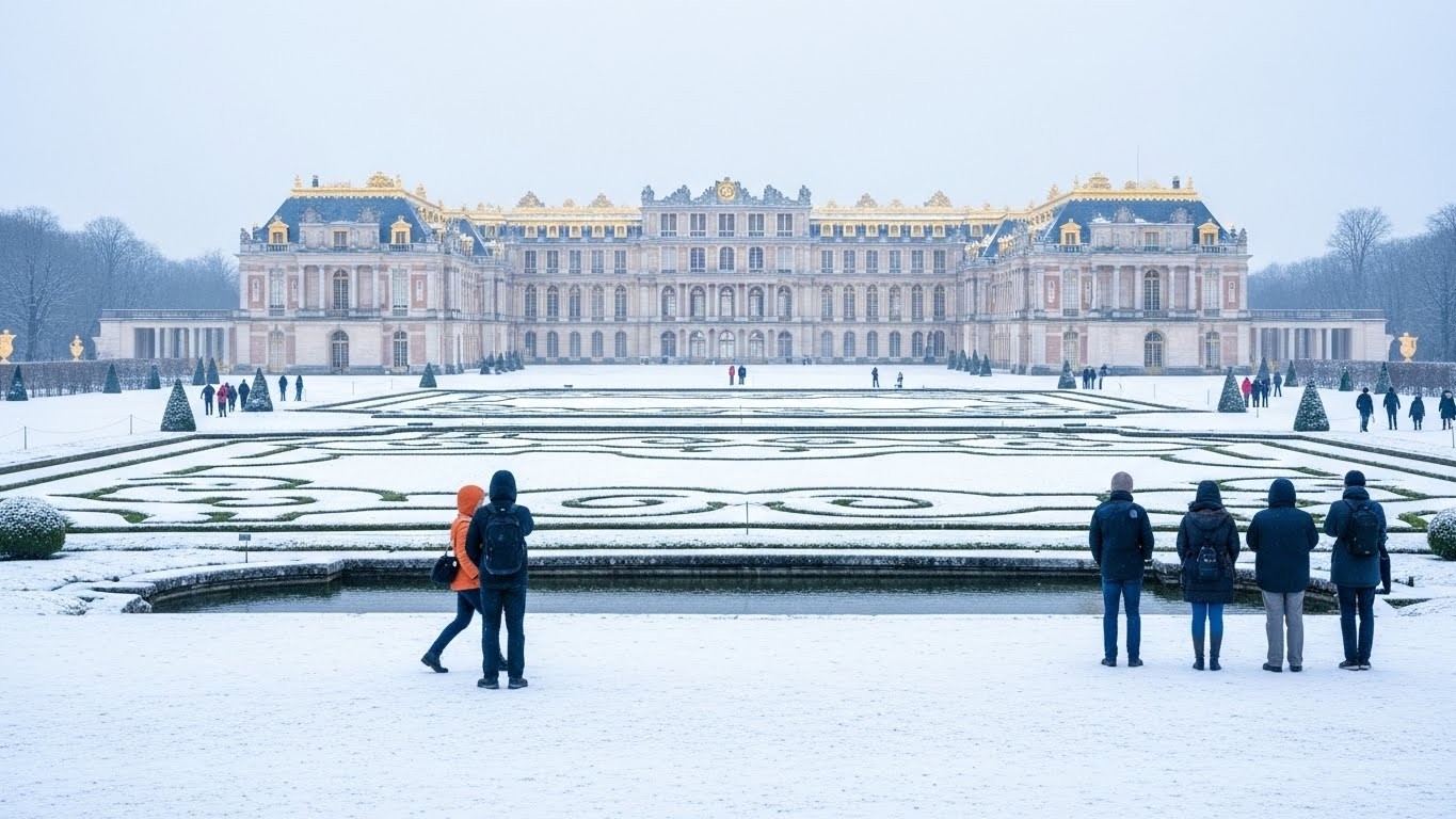 Découvrez le Château de Versailles sublimé par la neige en janvier 2026. Jardins enchanteurs, touristes émerveillés et précautions routières : plongez dans cette magie hivernale rare en Île-de-France.