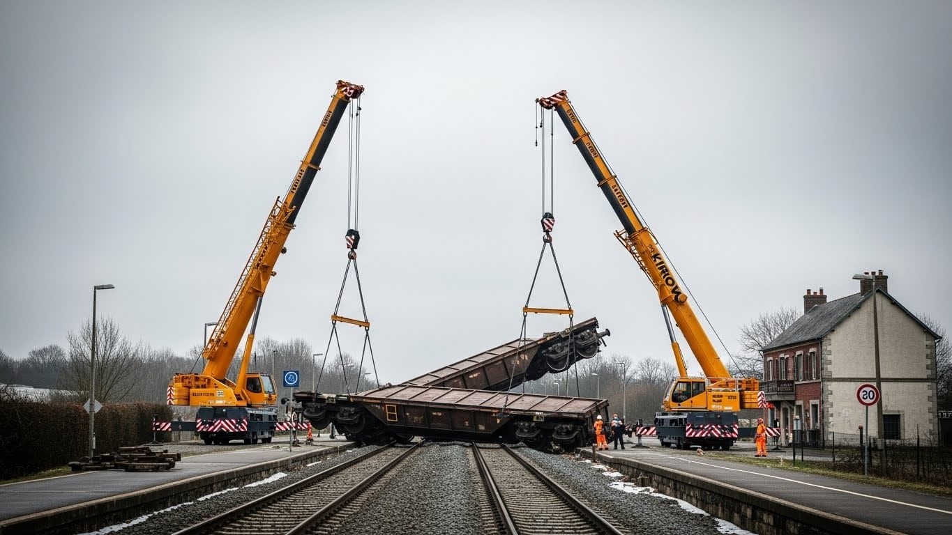 Un train de marchandises déraillé près de Carentan perturbe gravement la ligne Cherbourg-Caen. Opération de relevage spectaculaire avec grues géantes : découvrez l’ampleur du chantier et les impacts pour les usagers normands.