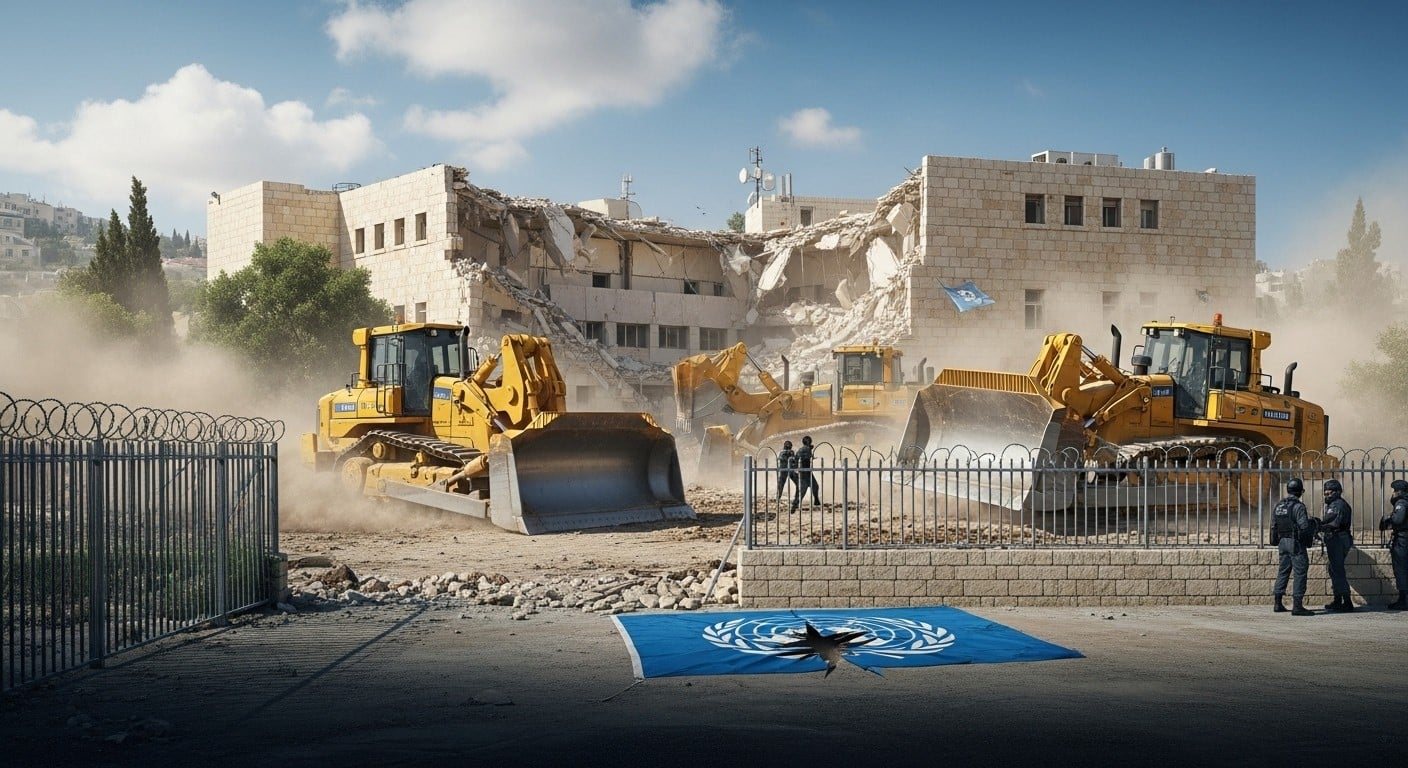 Des bulldozers israéliens démolissent des bâtiments au siège de l'UNRWA à Jérusalem-Est, suite à des accusations liées au 7 octobre. Une violation du droit international selon l'ONU ? Analyse des enjeux.