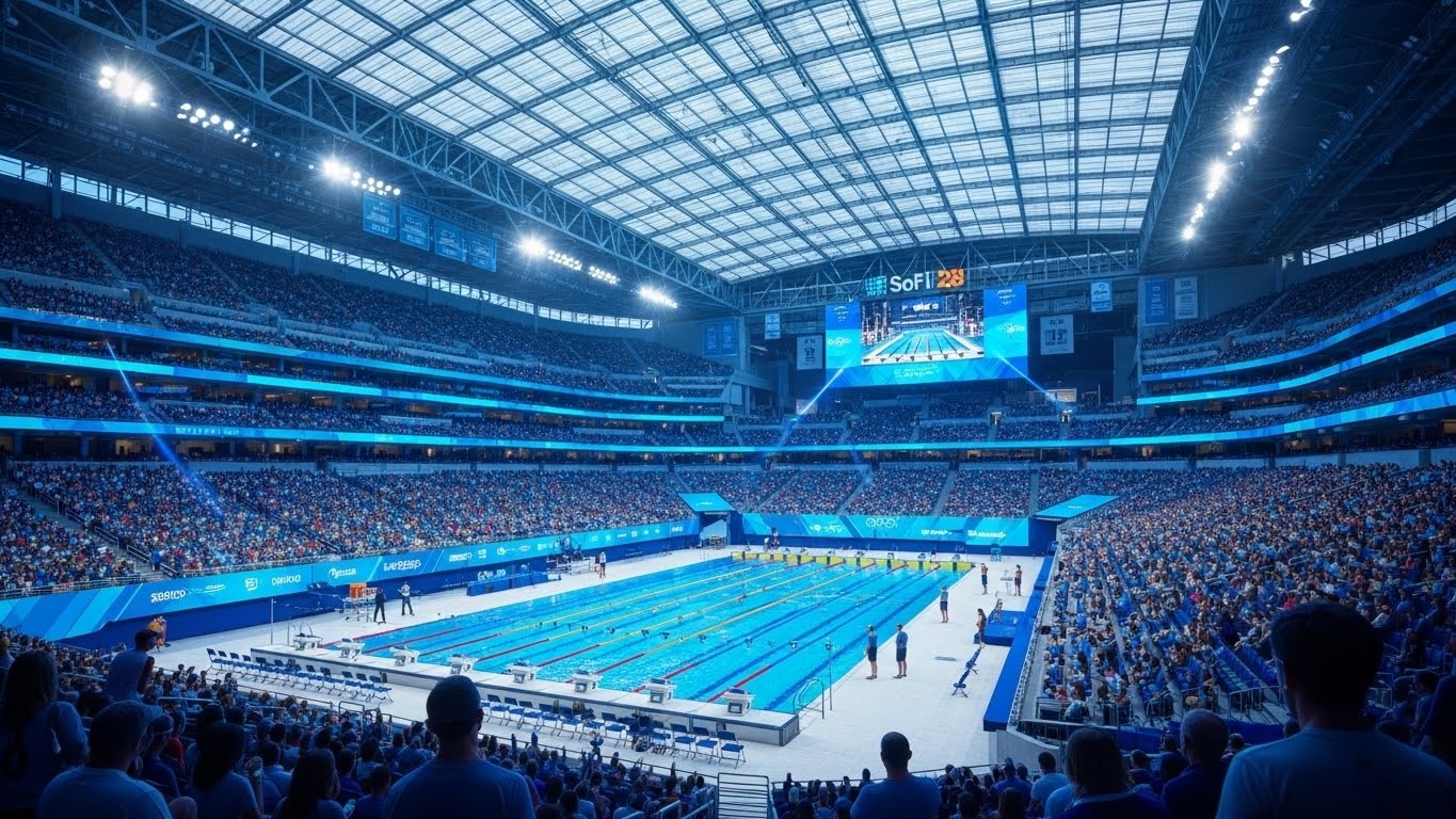 Découvrez pourquoi les nageurs français sont restés bouche bée devant le SoFi Stadium, futur site de natation des JO 2028 à Los Angeles. Une piscine unique dans un stade géant !