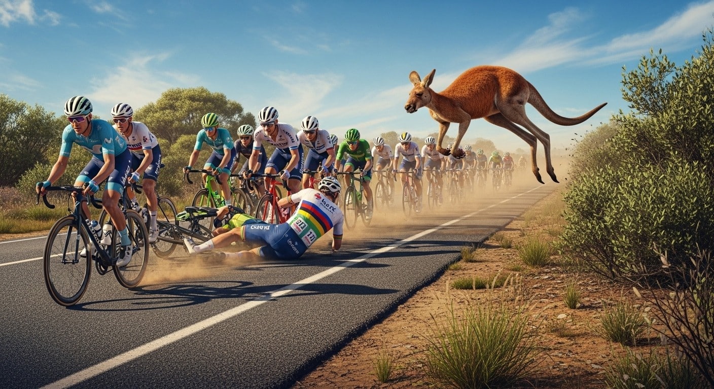 Un kangourou surgit en pleine étape du Tour Down Under et provoque une chute spectaculaire. Le leader s'en sort mais le peloton est secoué. Récit d'un incident aussi rare qu'inoubliable en cyclisme.