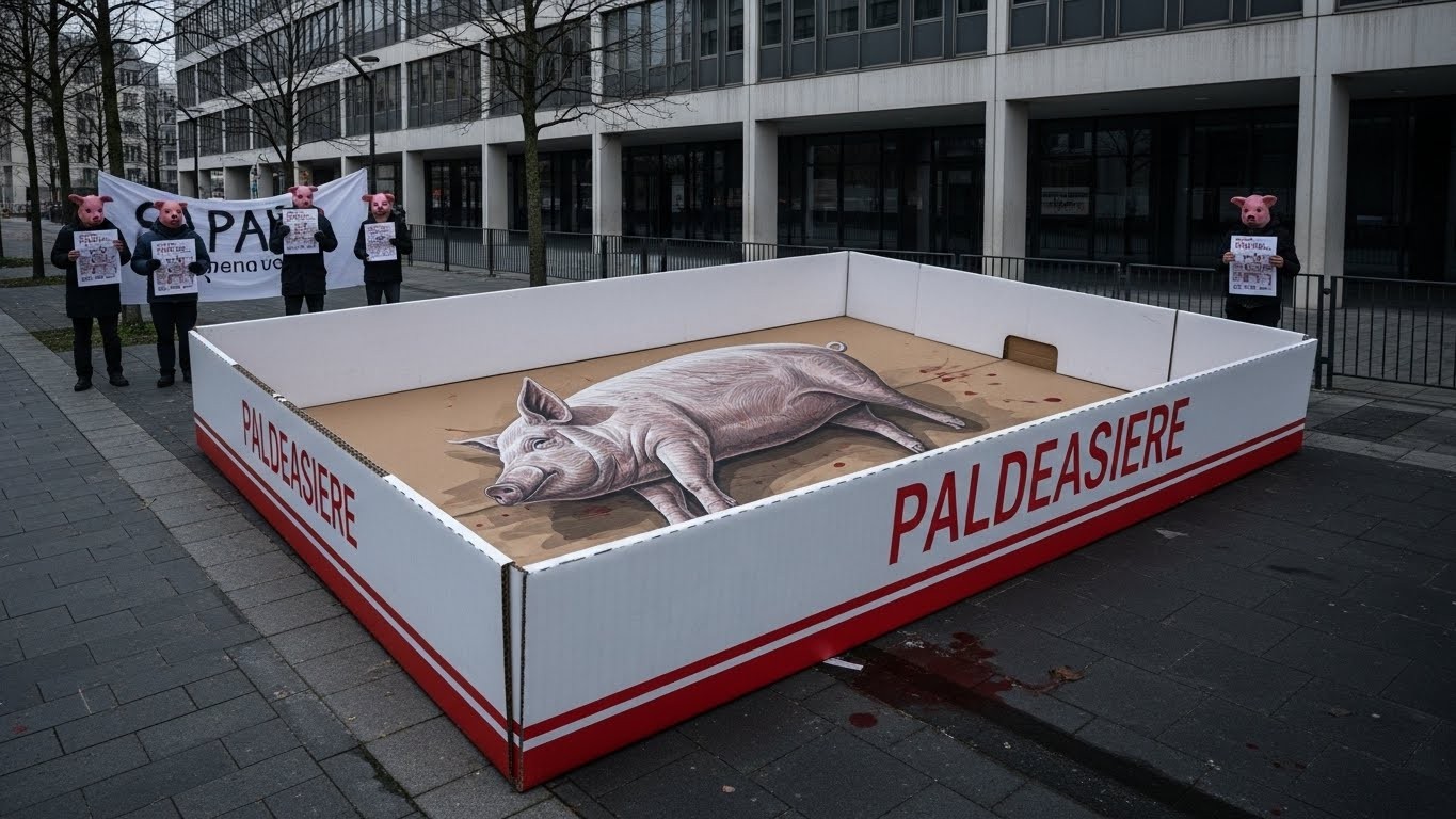 L214 interpelle E.Leclerc avec une action choc à Ivry-sur-Seine : une barquette géante de cochon pour dénoncer les conditions d'élevage. Plus de 32 000 barquettes retournées par les consommateurs.