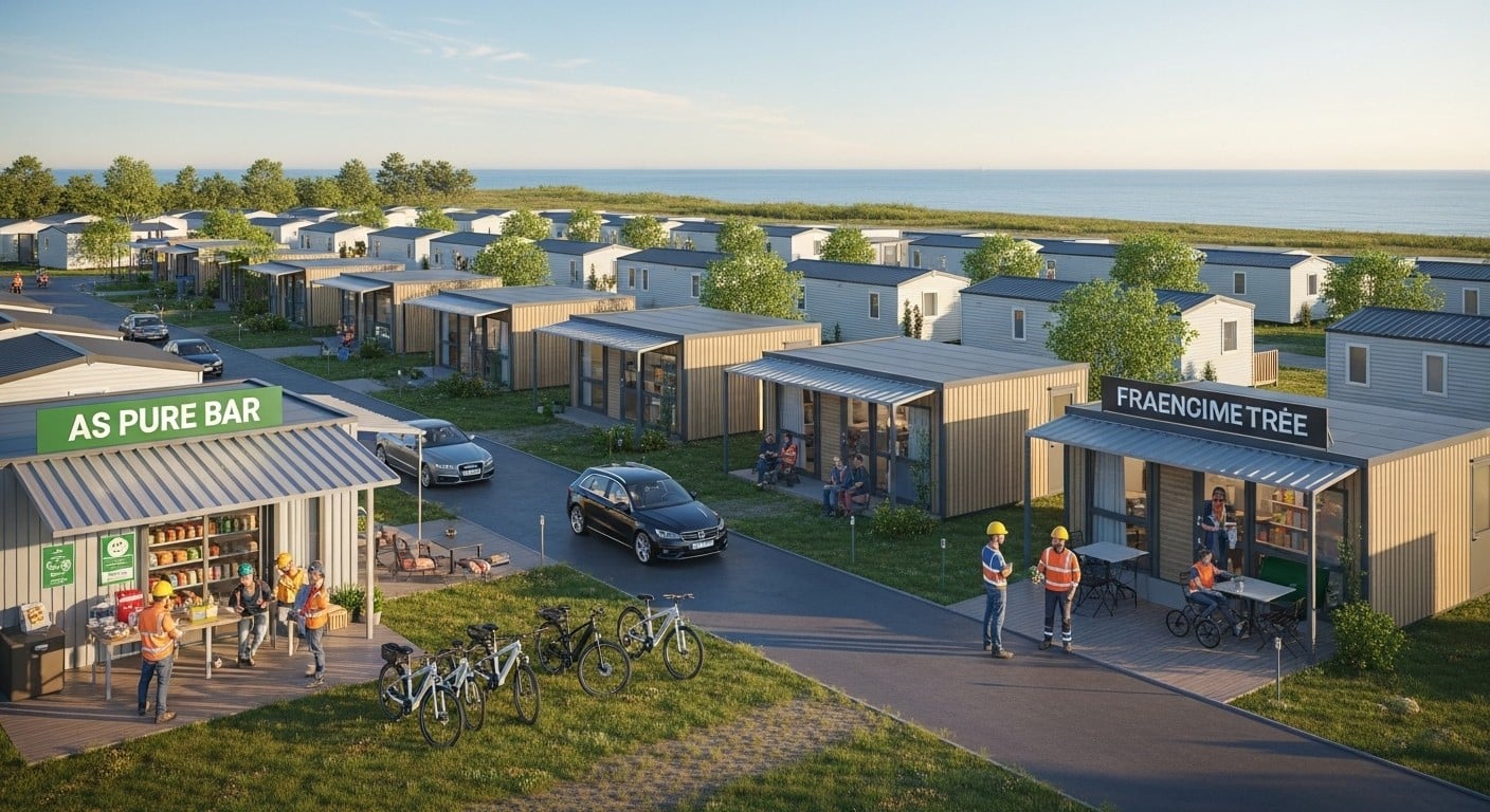 Découvrez comment la Cité des Énergies propose 100 studios de 13 à 20 m² dans un camping pour loger les salariés du chantier EPR2 à Penly, avec services et objectif de 1000 unités.