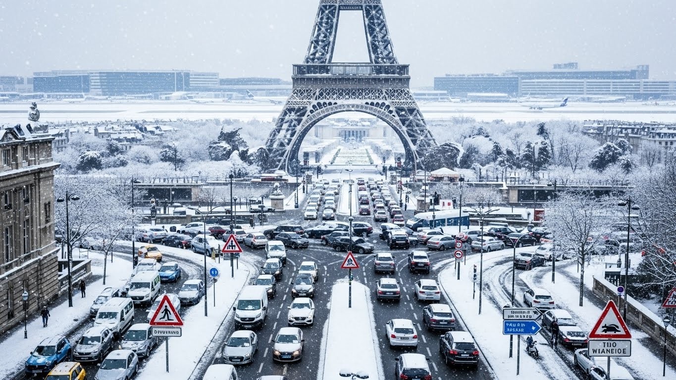 Neige abondante prévue mercredi en Île-de-France : interdiction des poids lourds, annulations massives de vols à Roissy et Orly, vitesse limitée. Le ministre des Transports appelle à la prudence maximale.