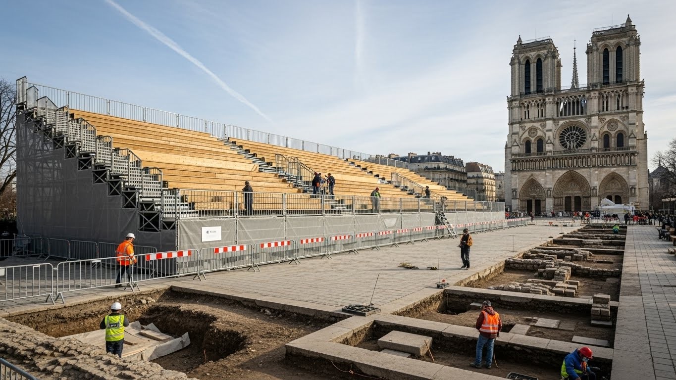 Découvrez pourquoi les gradins en bois face à Notre-Dame, très appréciés des visiteurs, sont démontés dès janvier 2026. Fouilles archéologiques et transformations majeures en cours pour redonner vie au parvis.