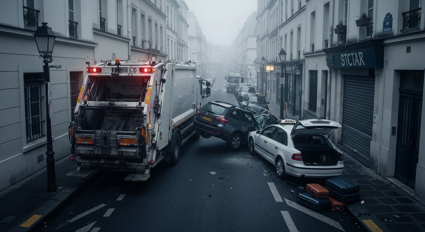Tragique accident à Paris : un conducteur de camion poubelle confond frein et accélérateur, projetant une voiture sur un chauffeur de taxi qui chargeait ses bagages. Drame humain et questions sur la sécurité.