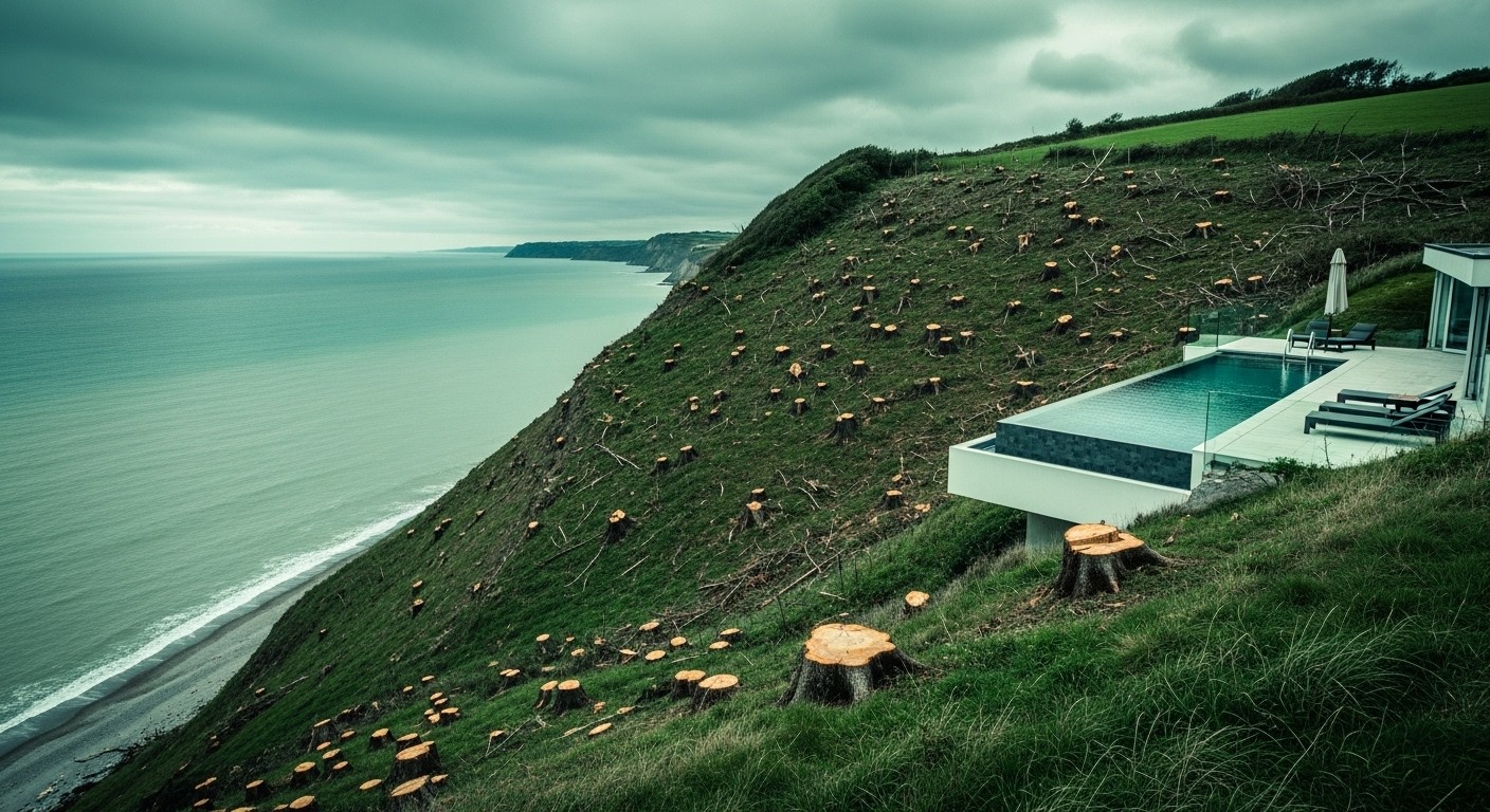 Un riche promoteur britannique abat 28 arbres protégés sur une falaise pour une piscine de luxe illégale. Condamné à 23 000 € d'amende après un appel rejeté. L'affaire qui divise sur environnement et argent.