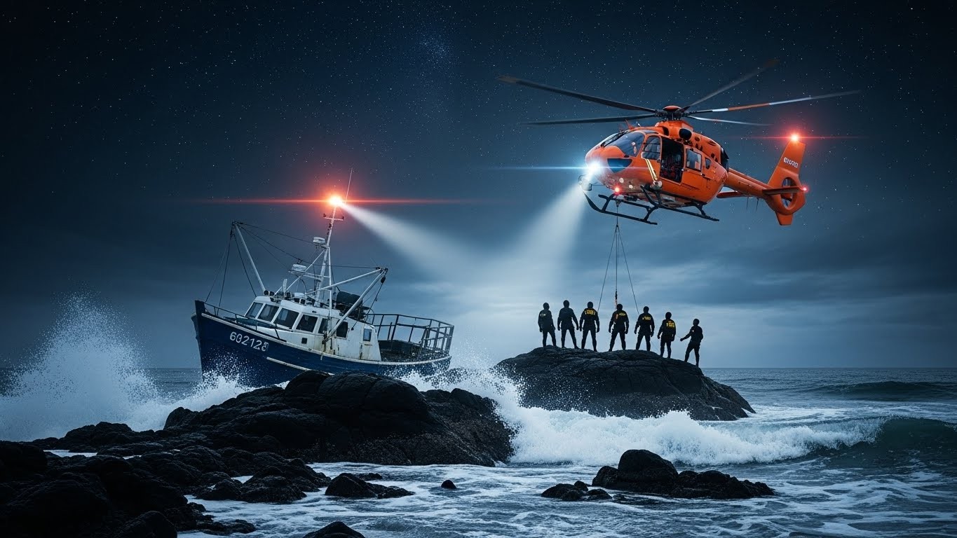 Dans la nuit du 15 au 16 janvier 2026, sept marins ont été sauvés par hélicoptère après l’échouement dramatique de leur bateau sur les rochers aux Sables-d’Olonne. Récit d’une intervention spectaculaire en mer.