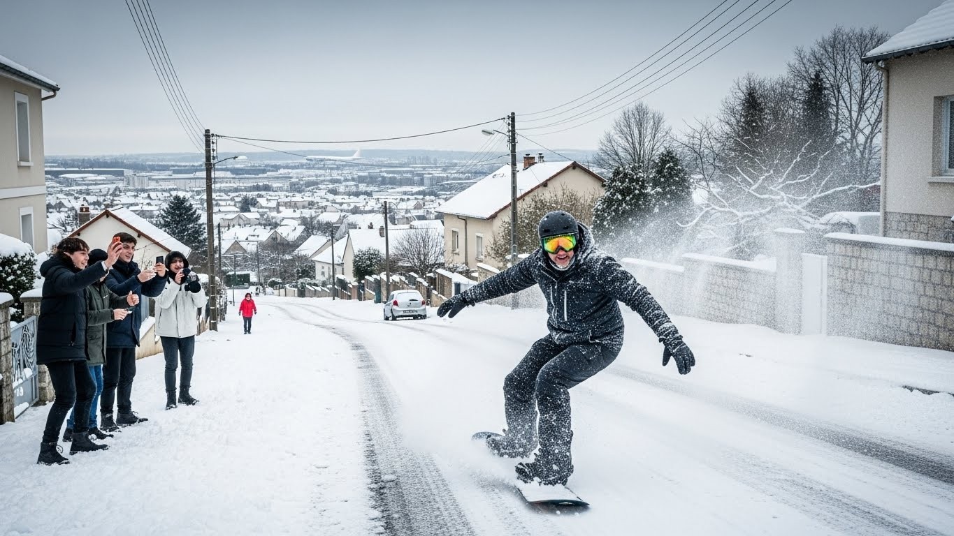 Découvrez comment un habitant du Val-de-Marne a transformé les rues enneigées de Villeneuve-le-Roi en piste de snowboard improvisée. Une histoire insolite et joyeuse sous la neige en Île-de-France !