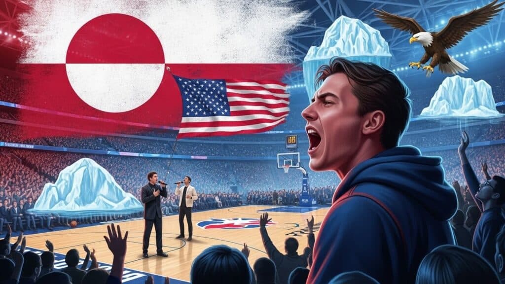 Supporter Acclamé : Cri « Laissez le Groenland Tranquille » lors Hymne US à NBA Londres