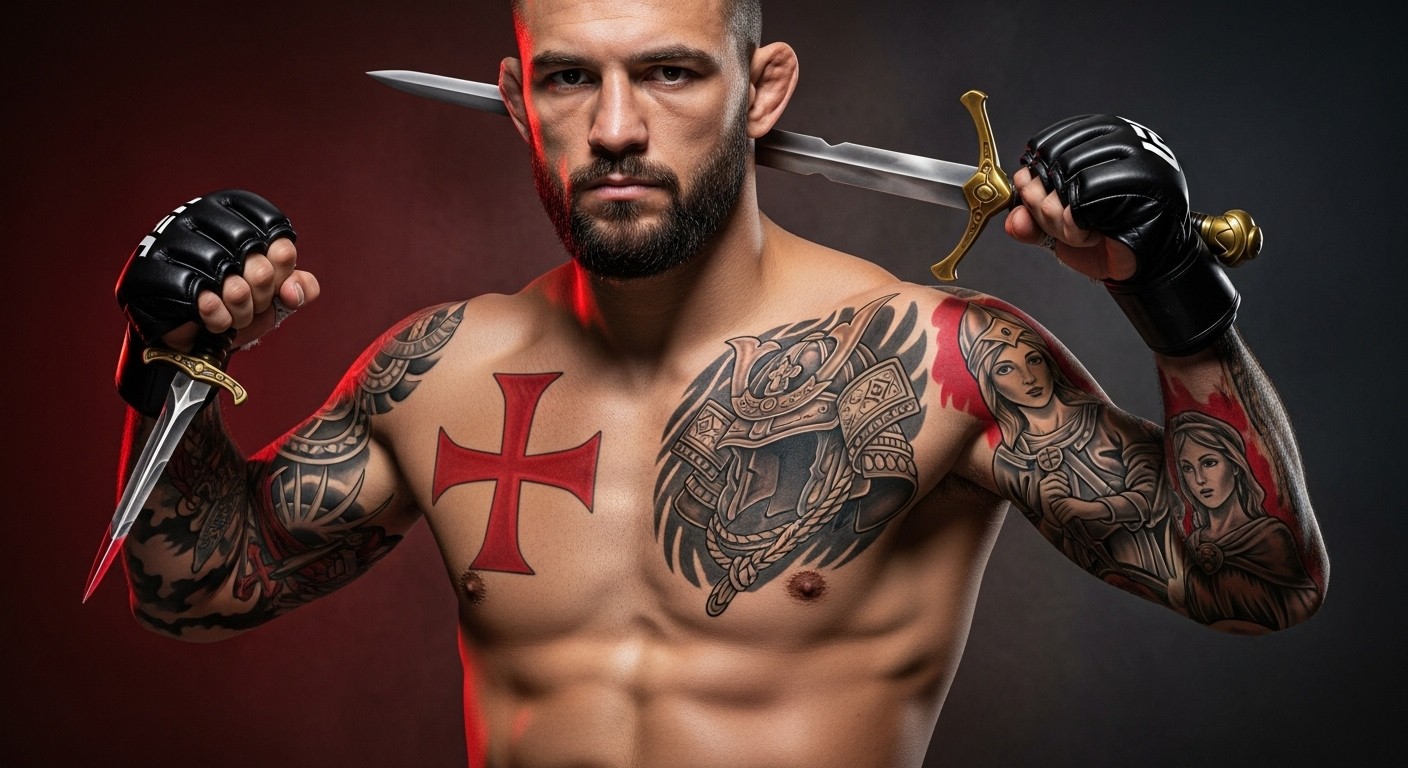 Découvrez les tatouages de Benoît Saint Denis, du combattant UFC : croix des Templiers, casque samouraï, Jeanne d'Arc... Que signifient-ils vraiment ? Histoire militaire et valeurs personnelles.