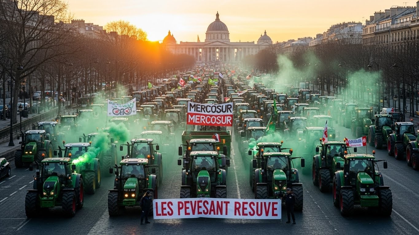 350 tracteurs bloquent devant l'Assemblée nationale contre le traité Mercosur et les normes européennes. Les agriculteurs prêts à camper longtemps pour défendre leur survie.