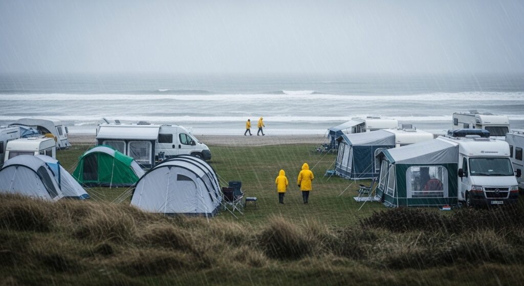 Camping en Bretagne l&rsquo;Hiver : Vacanciers Sous la Pluie