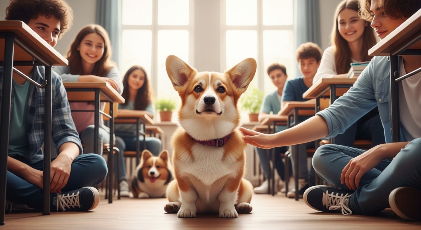 À Toulouse, Virgule, une corgi, devient chienne de soutien scolaire au collège Berthelot. Plus de 5 000 € collectés pour sa formation. Une initiative touchante qui change la vie des collégiens.