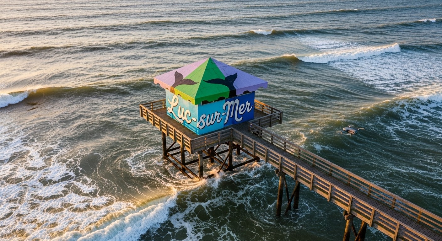 Découvrez la fresque secrète de Solice sur la jetée de Luc-sur-Mer, une œuvre d'art street visible uniquement depuis les airs. Un trésor pour dronistes en Normandie !