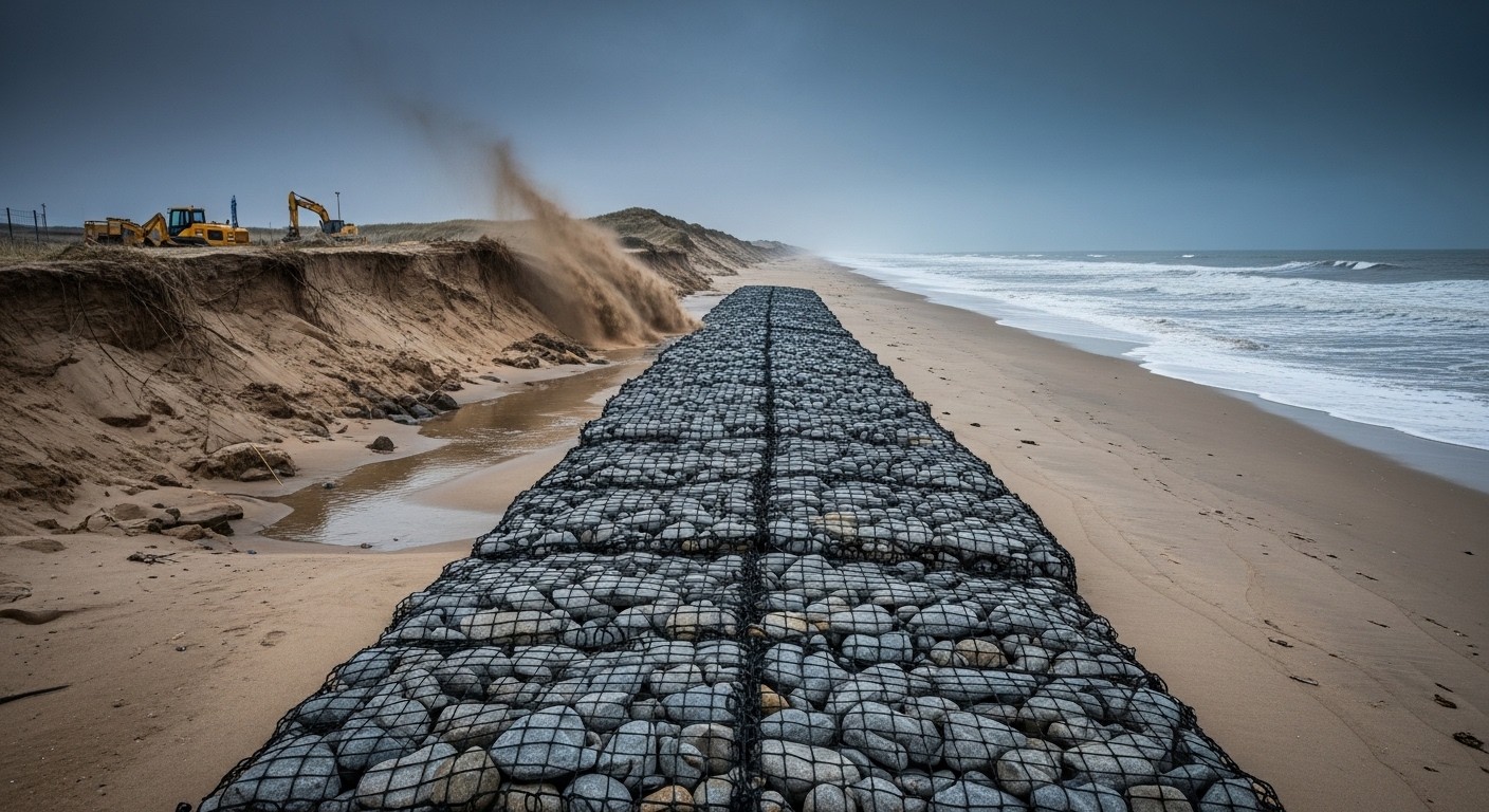 Sur la plage des Allassins à Oléron, l’érosion avance plus vite que prévu. Découverte d’un rempart innovant en filets de gabions pour protéger une station d’épuration menacée par la mer.