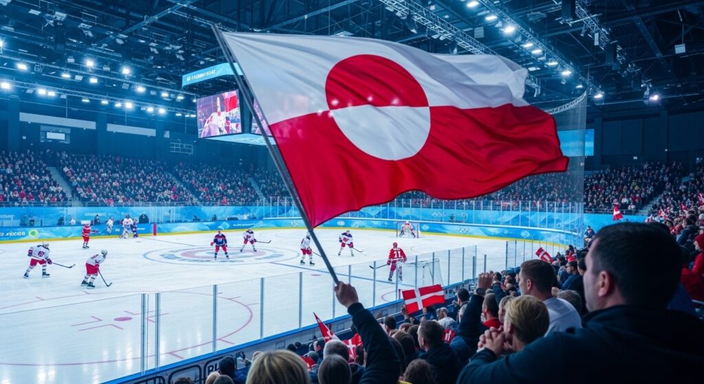 JO 2026 : Drapeau Groenland Agité Lors USA-Danemark Hockey