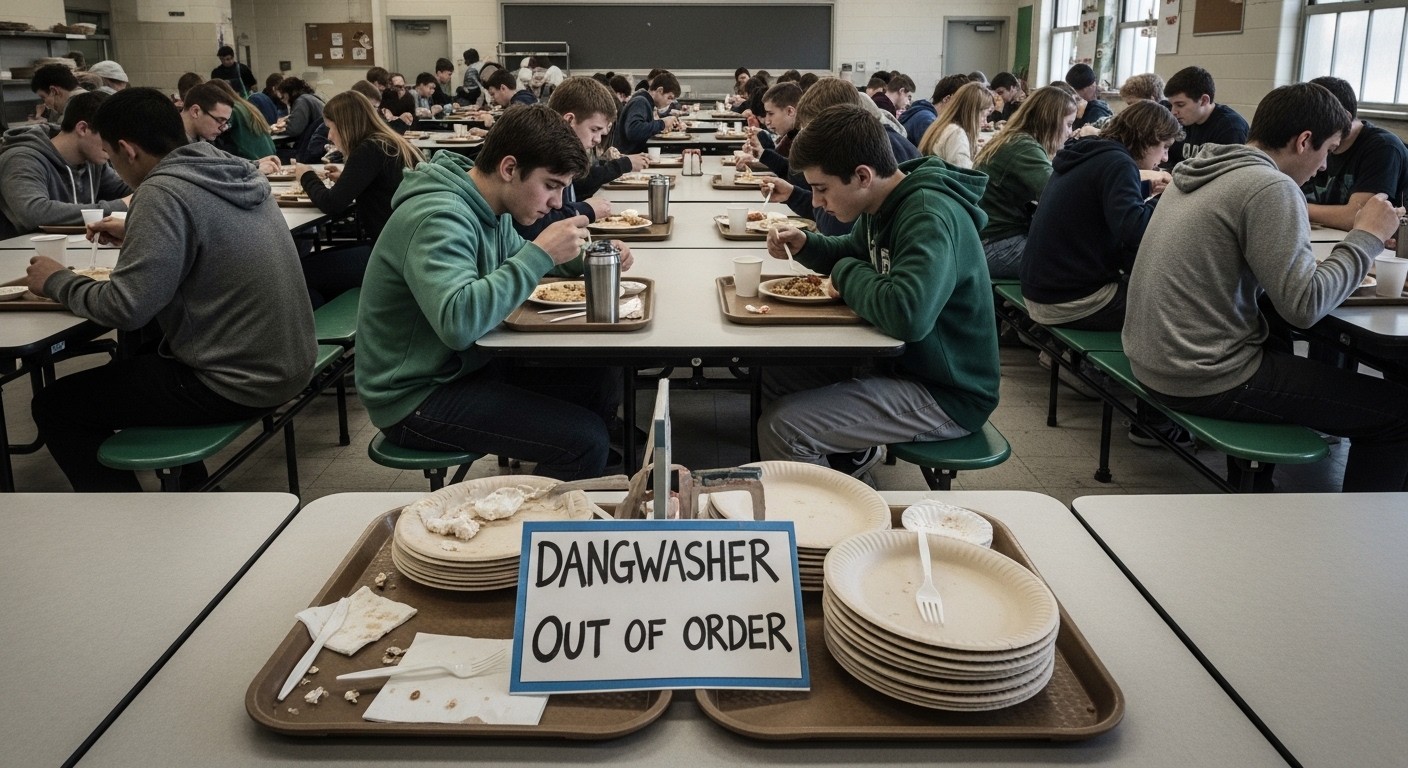 Dans un lycée de Val-de-Marne, les élèves mangent dans des assiettes en carton depuis octobre faute de lave-vaisselle en panne. Retards, impacts environnementaux et colère générale : que se passe-t-il vraiment ?