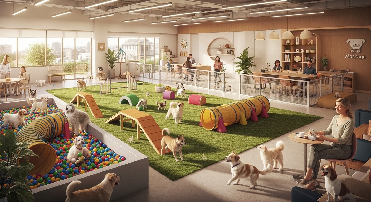 Découvrez Meute & Co à Beauvais, premier parc canin d'intérieur de l'Oise avec garderie, agility, massages et cafétéria. Un lieu révolutionnaire pour le bien-être de votre chien !