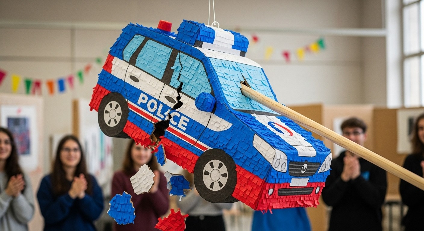 Découvrez la performance artistique à Mulhouse où une piñata en forme de voiture de police a été détruite : indignation du ministre de l'Intérieur, saisine de la justice et débat sur la liberté d'expression.