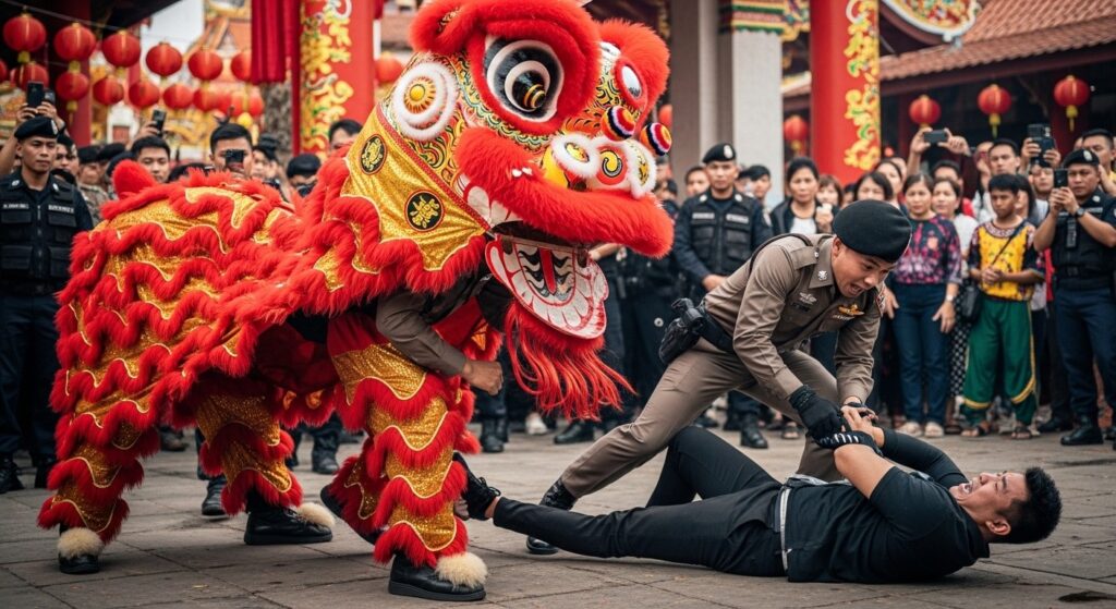 Policiers Thaïlandais Déguisés en Lion : Arrestation Audacieuse
