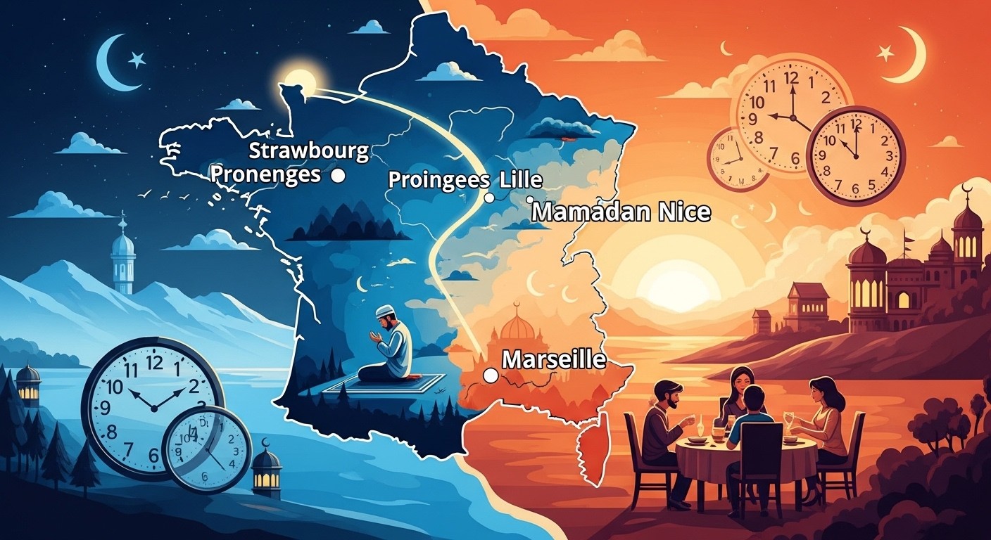 Découvrez pourquoi le jeûne du Ramadan 2026 varie jusqu'à 15 minutes selon les villes françaises. Du nord-est plus exigeant au sud plus clément : horaires, astuces et explications.