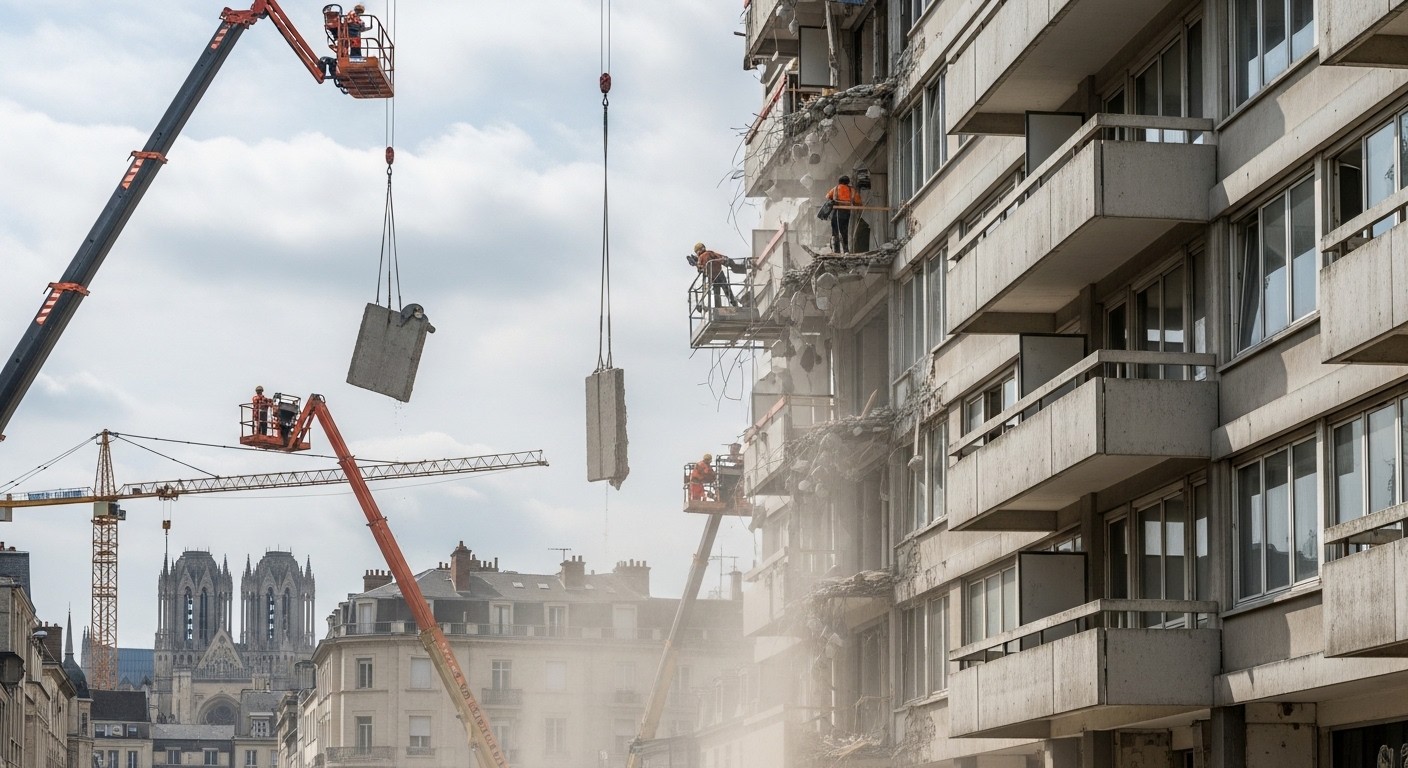 Découvrez le chantier impressionnant à Reims où 116 balcons sont démantelés pour raisons de sécurité. Rénovation majeure d'un immeuble des années 70 avec isolation thermique et nouvelles terrasses plus confortables.