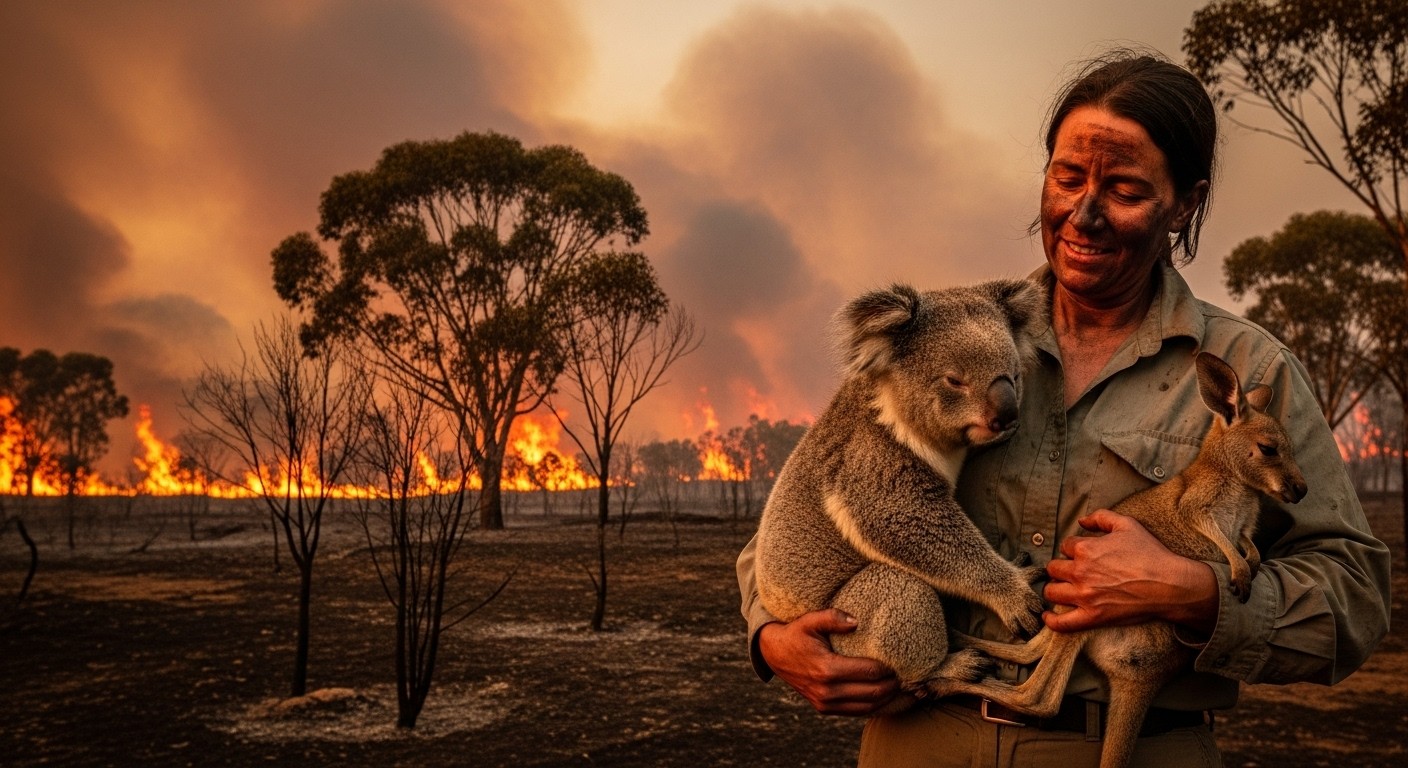 Au milieu des feux ravageurs en Australie, des habitants sauvent un koala et un kangourou épuisés par la chaleur extrême. Histoires touchantes face à la catastrophe environnementale qui marquent les esprits.
