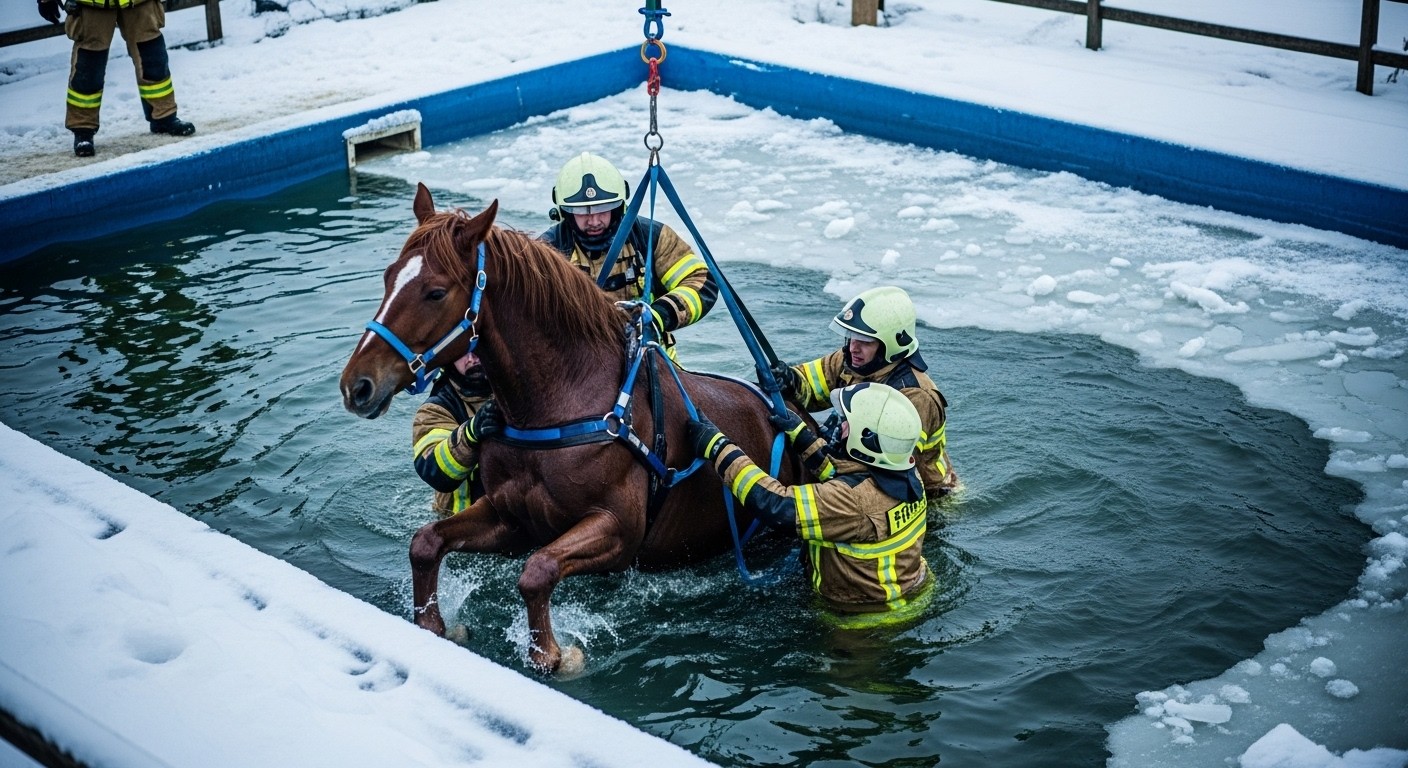 Découvrez comment les pompiers ont sauvé Dixie, une jument de 550 kg tombée dans une piscine glacée en Ohio. Un sauvetage spectaculaire en 30 secondes qui montre l'incroyable coordination des secours face au froid extrême !