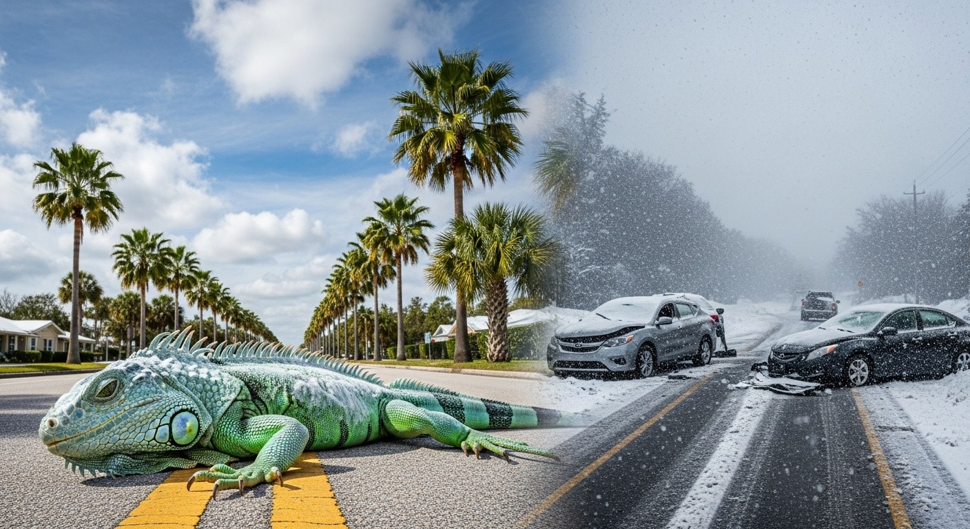 Une tempête hivernale frappe le sud-est des États-Unis avec neige record en Caroline du Nord et froid extrême en Floride, faisant tomber les iguanes des arbres. Transports chaotiques et images insolites.
