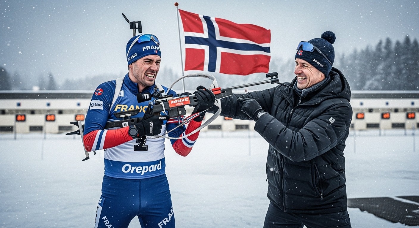 Découvrez l'humour salvateur de Simon Fourcade après le relais de Kontiolahti : une fessée à Quentin Fillon Maillet et des caresses aux autres, malgré la victoire norvégienne.