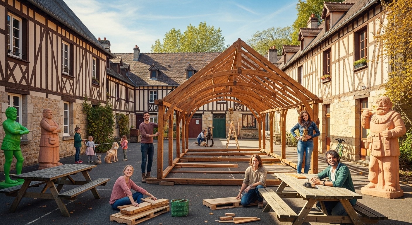 Découvrez comment le petit village de Janvry en Essonne a récupéré sept semi-remorques de décors du Parc Astérix pour embellir ses rues, son école et son marché. Une belle histoire de réemploi et de magie gauloise !