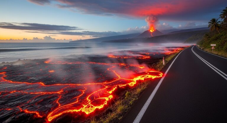 Piton de la Fournaise : Lave Coupe la RN2 à La Réunion