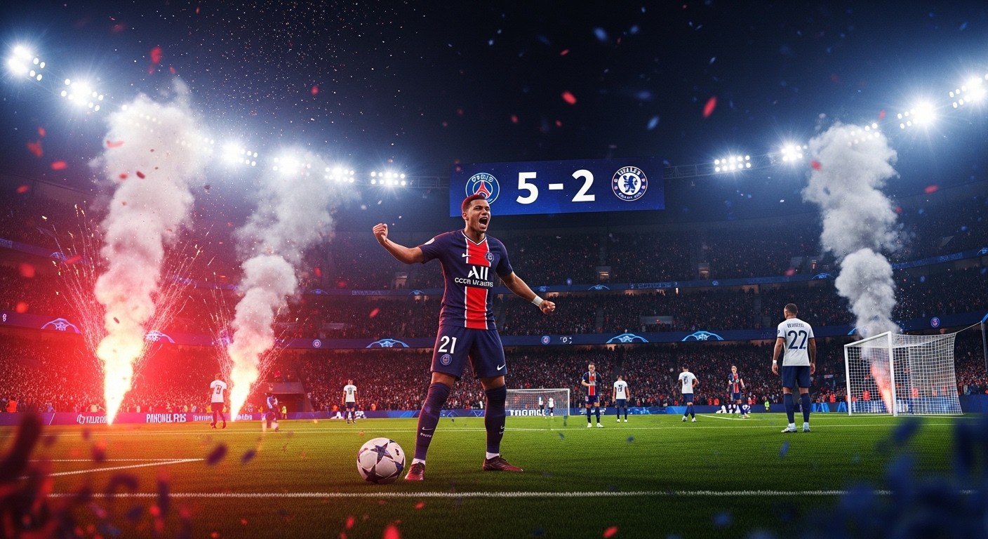 Découvrez le résumé complet du PSG 5-2 Chelsea en 8e de finale aller de C1 : buts de Barcola, Dembélé, Vitinha et doublé Kvaratskhelia. Paris prend une option avant le retour !
