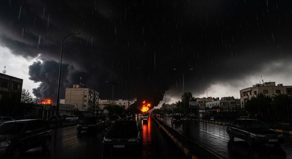 Téhéran sous Pluie Noire Toxique Après Incendies Pétroliers