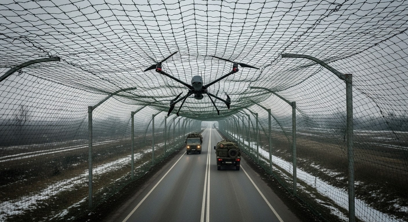 Découvrez comment l'Ukraine accélère le déploiement massif de filets anti-drones sur 4000 km de routes pour contrer les attaques russes et sécuriser sa logistique militaire face à cette menace persistante.