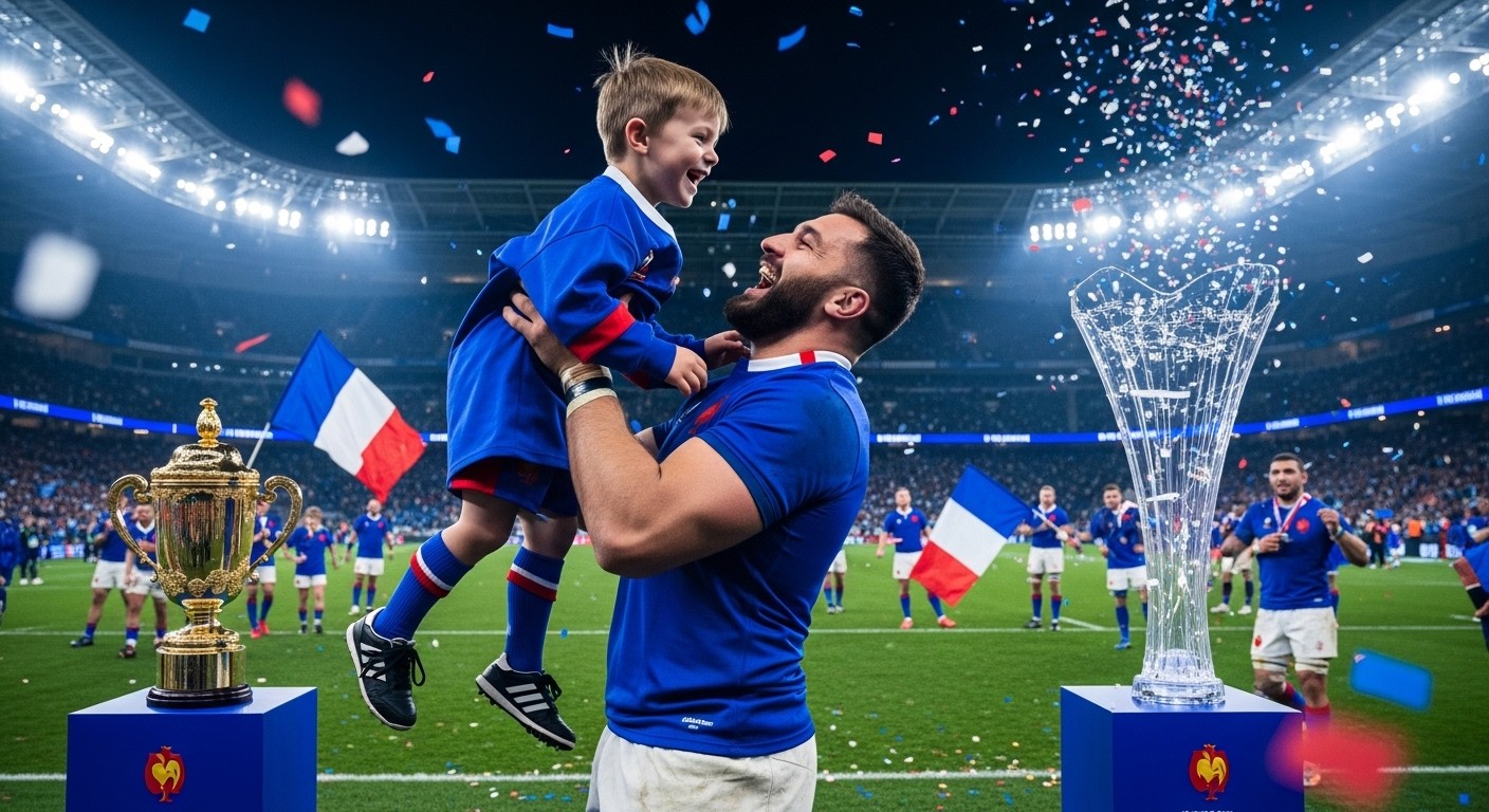Découvrez les coulisses émouvantes de la victoire des Bleus contre l'Angleterre (48-46) au Stade de France : tour d'honneur, émotions, fête en famille et ambiance euphorique du vestiaire après le doublé au Tournoi des Six Nations.