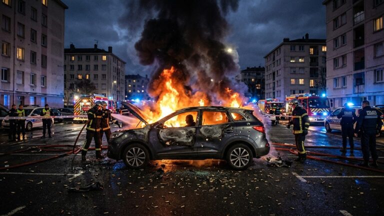 Fusillade à Villeurbanne : Un Corps Calciné Découvert Dans une Voiture IncendiFormulating image prompt in French for the articleée