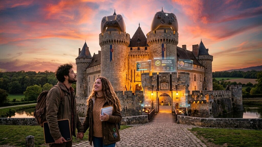 Jeune Couple Sauve Château XIIe Siècle avec Jeu Vidéo