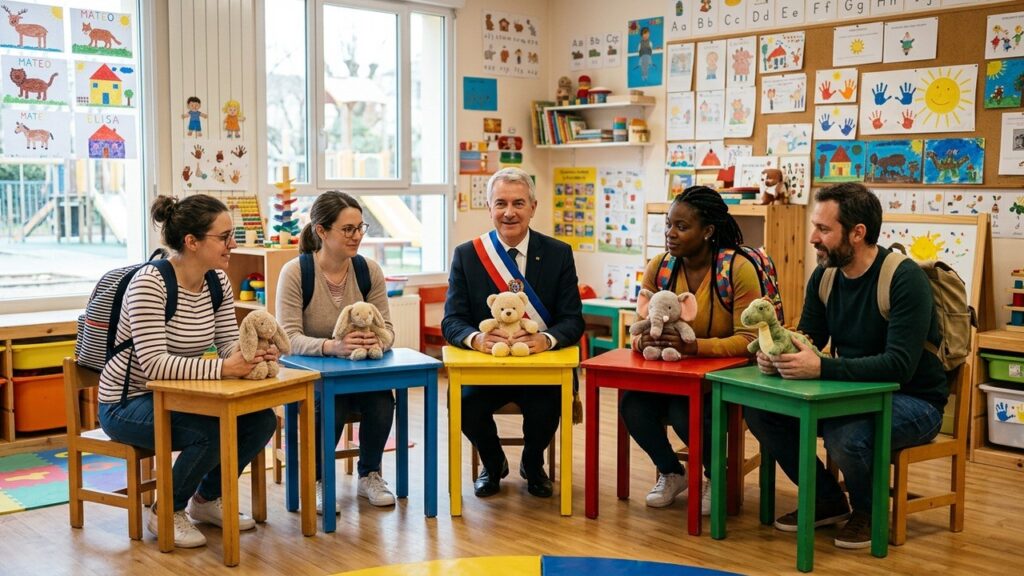 Maire et Conseillers à la Maternelle avec Doudou pour Sauver une Classe