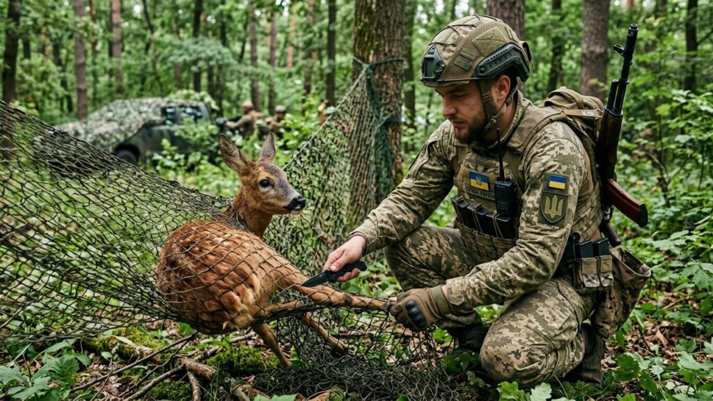 Soldats Ukrainiens Sauvent Chevreuil Piégé dans Filet Anti-Drone