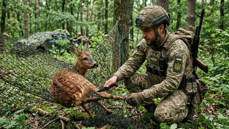 Soldats Ukrainiens Sauvent Chevreuil Piégé dans Filet Anti-Drone