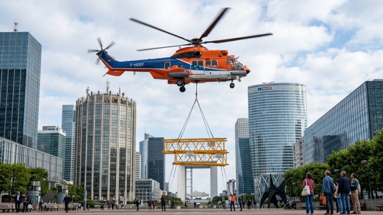 Super Puma à La Défense : Manœuvre Aérienne Impressionnante Sur la Tour Opus
