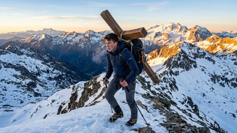 Un Jeune Occitan Porte une Croix Jusqu&rsquo;au Plus Haut Sommet des Pyrénées