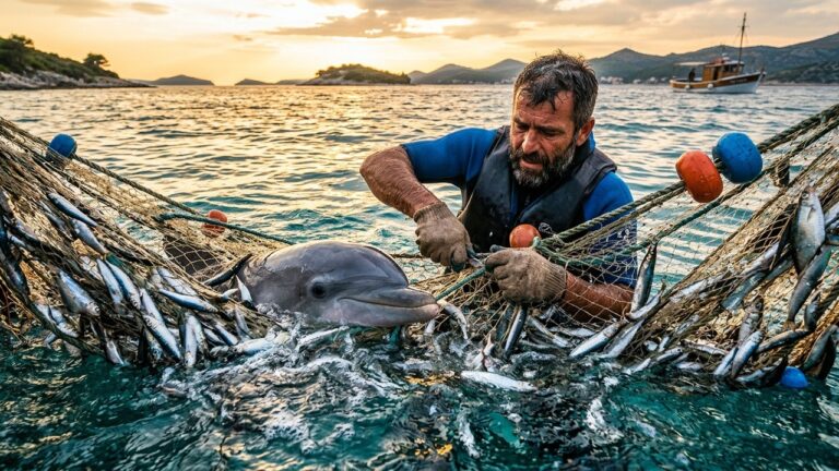 Pêcheur Croate Saute Dans Filet Pour Sauver Dauphin Piégé