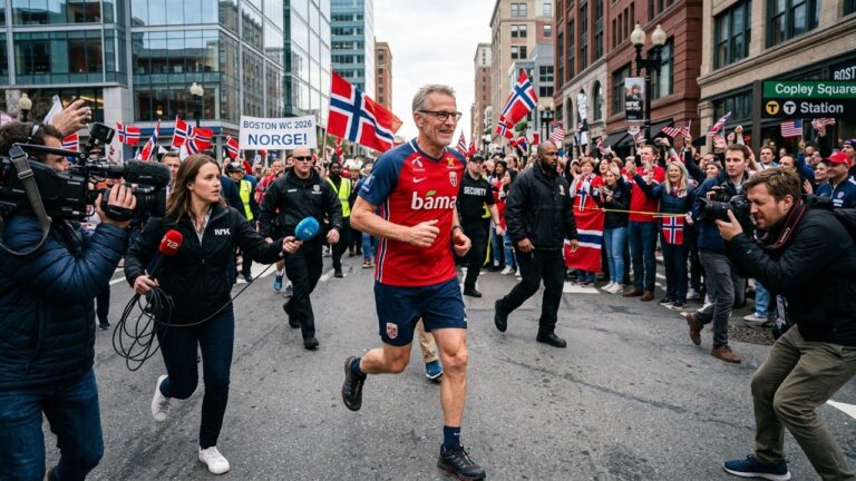 Premier Ministre Norvégien Court en Maillot pour Soutenir Haaland à la Coupe du Monde