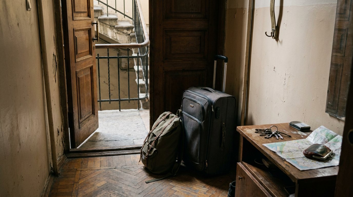 Illustration : une valise prête au départ dans l’entrée d’un appartement de location, la porte ouverte et les clés posées près de la porte