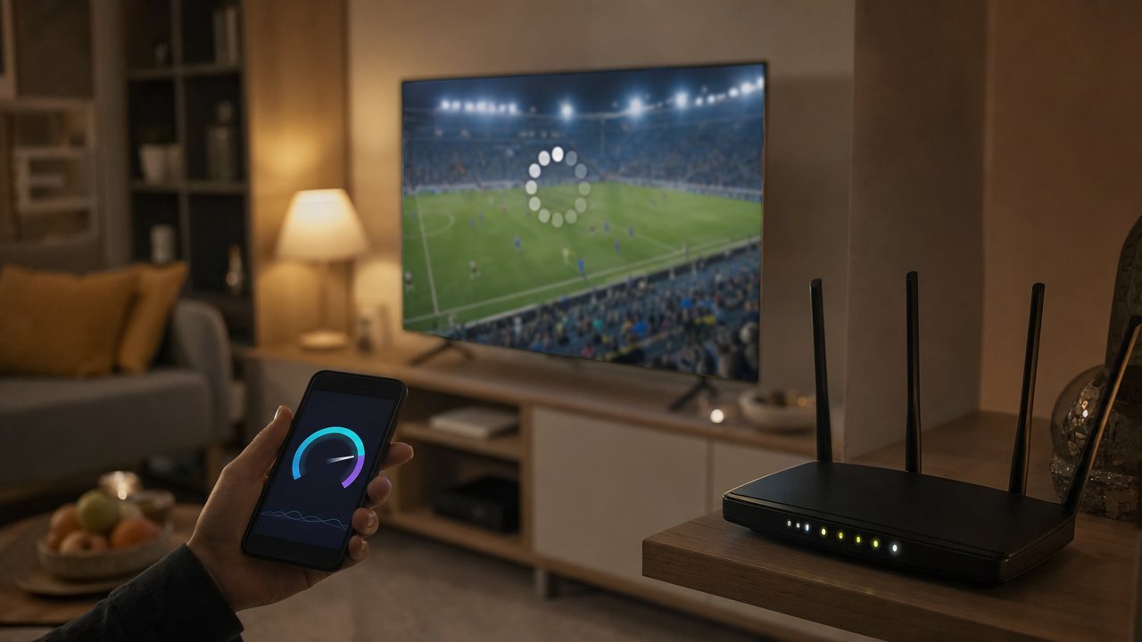 Salon le soir : un téléviseur affiche un match de football figé par un cercle de chargement, avec une box Wi-Fi au premier plan et un test de débit sur smartphone